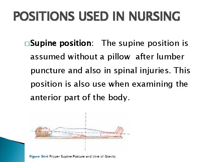 POSITIONS USED IN NURSING � Supine position: The supine position is assumed without a
