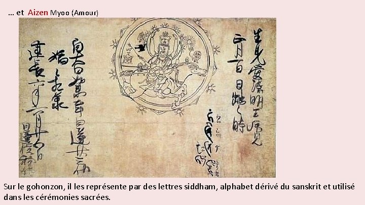 … et Aizen Myoo (Amour) Sur le gohonzon, il les représente par des lettres