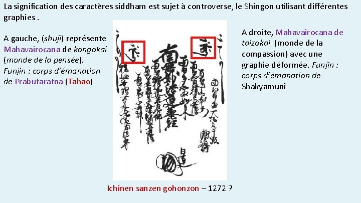 La signification des caractères siddham est sujet à controverse, le Shingon utilisant différentes graphies.