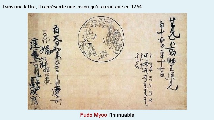 Dans une lettre, il représente une vision qu’il aurait eue en 1254 Fudo Myoo