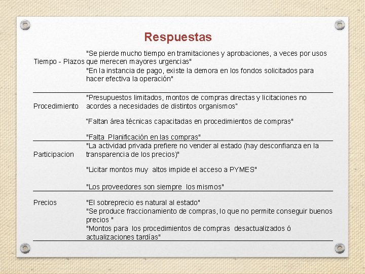 Respuestas "Se pierde mucho tiempo en tramitaciones y aprobaciones, a veces por usos Tiempo