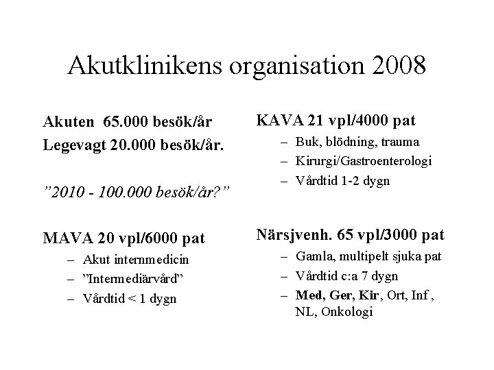 Akutklinikens organisation 2008 Akuten 65. 000 besök/år Legevagt 20. 000 besök/år. ” 2010 -