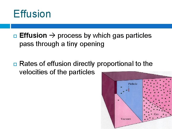 Effusion process by which gas particles pass through a tiny opening Rates of effusion