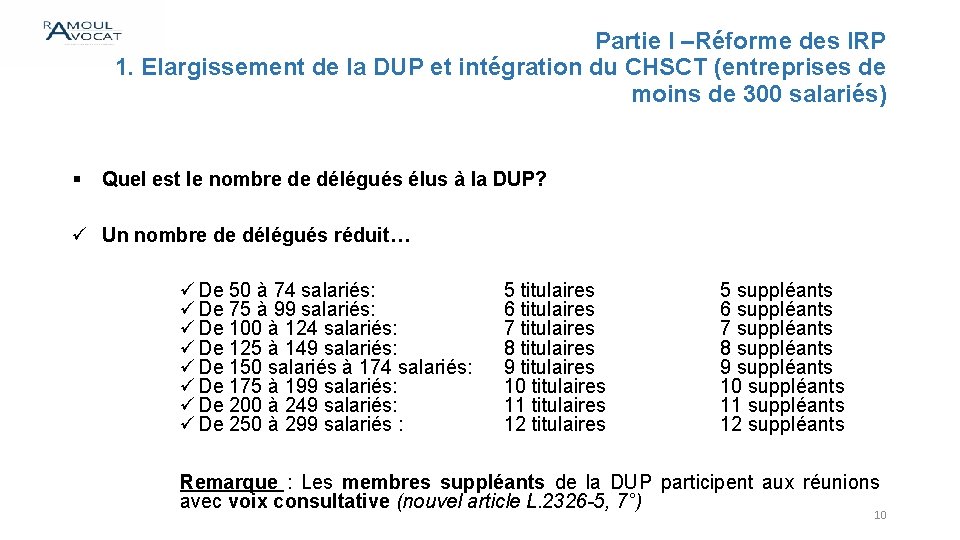 Partie I –Réforme des IRP 1. Elargissement de la DUP et intégration du CHSCT