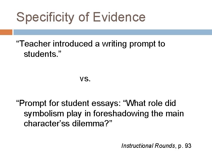 Specificity of Evidence “Teacher introduced a writing prompt to students. ” vs. “Prompt for