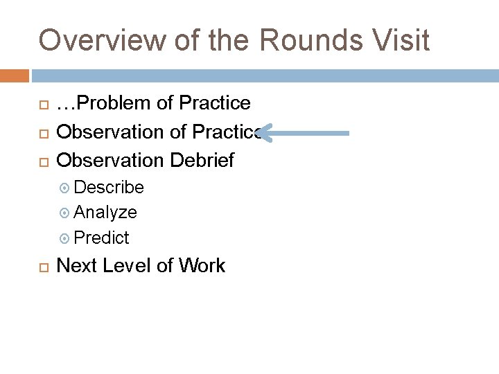 Overview of the Rounds Visit …Problem of Practice Observation Debrief Describe Analyze Predict Next