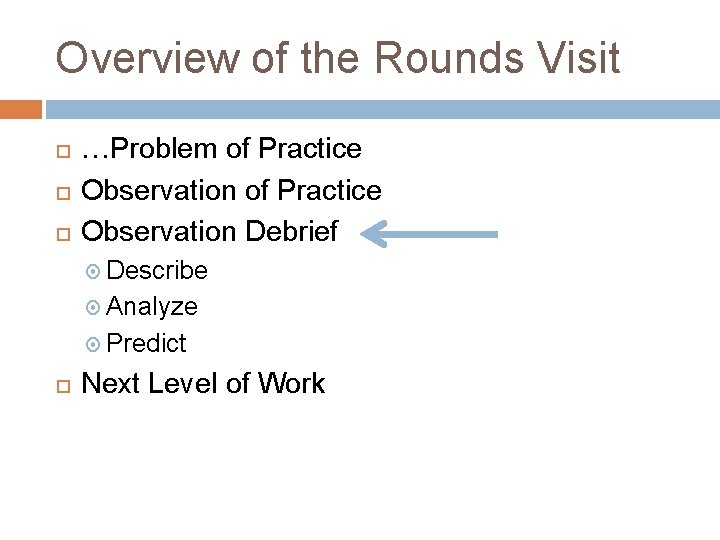 Overview of the Rounds Visit …Problem of Practice Observation Debrief Describe Analyze Predict Next