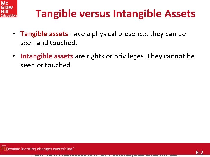 Tangible versus Intangible Assets • Tangible assets have a physical presence; they can be