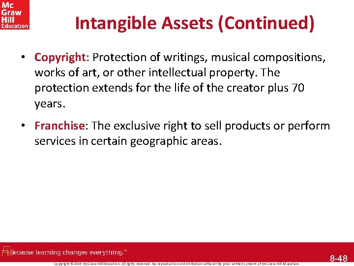 Intangible Assets (Continued) • Copyright: Protection of writings, musical compositions, works of art, or