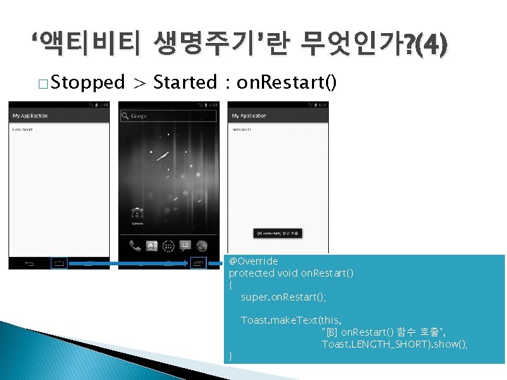 ‘액티비티 생명주기’란 무엇인가? (4) � Stopped > Started : on. Restart() @Override protected void