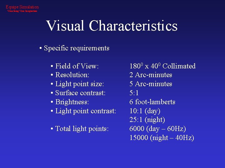 Equipe Simulation Visualising Your Imagination Visual Characteristics • Specific requirements • Field of View: