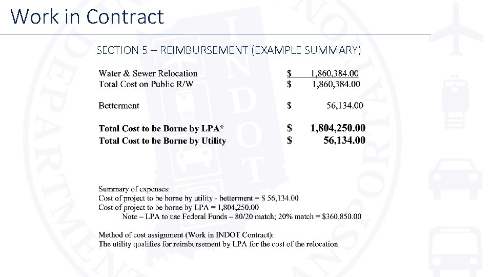 Work in Contract SECTION 5 – REIMBURSEMENT (EXAMPLE SUMMARY) 