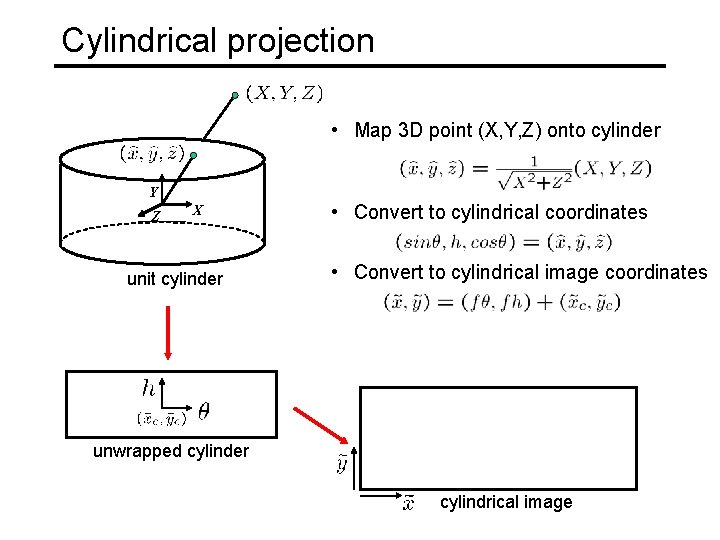 Cylindrical projection • Map 3 D point (X, Y, Z) onto cylinder Y Z