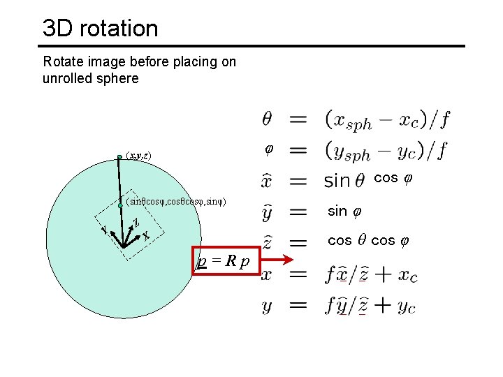 3 D rotation Rotate image before placing on unrolled sphere φ (x, y, z)