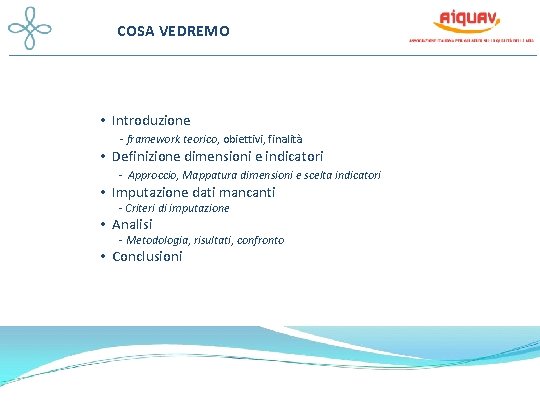 COSA VEDREMO • Introduzione - framework teorico, obiettivi, finalità • Definizione dimensioni e indicatori