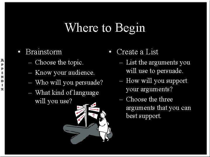 Where to Begin • Brainstorm – – Choose the topic. Know your audience. Who