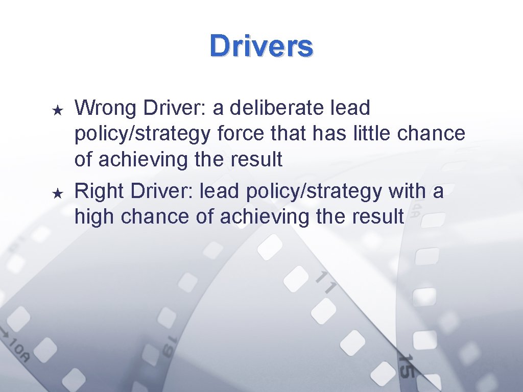 Drivers ★ ★ Wrong Driver: a deliberate lead policy/strategy force that has little chance