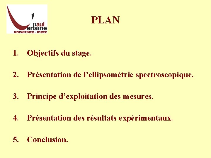 PLAN 1. Objectifs du stage. 2. Présentation de l’ellipsométrie spectroscopique. 3. Principe d’exploitation des