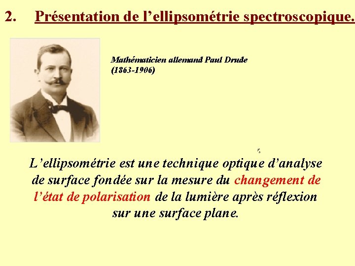 2. Présentation de l’ellipsométrie spectroscopique. Mathématicien allemand Paul Drude (1863 -1906) L’ellipsométrie est une
