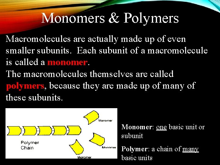 Monomers & Polymers Macromolecules are actually made up of even smaller subunits. Each subunit