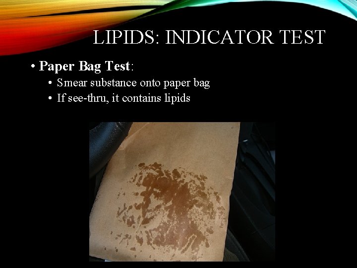 LIPIDS: INDICATOR TEST • Paper Bag Test: • Smear substance onto paper bag •