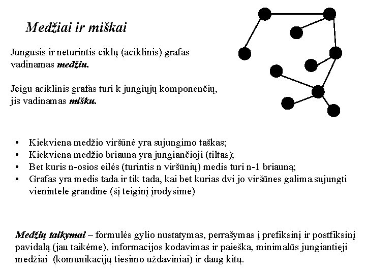 Medžiai ir miškai Jungusis ir neturintis ciklų (aciklinis) grafas vadinamas medžiu. Jeigu aciklinis grafas