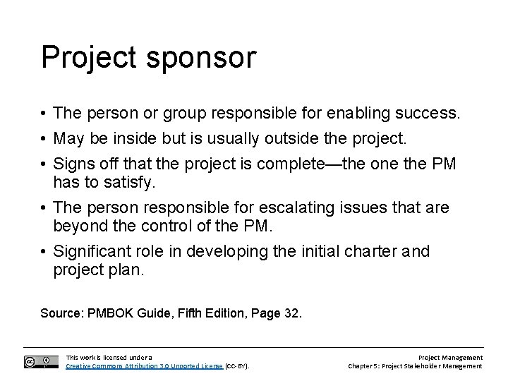 Project sponsor • The person or group responsible for enabling success. • May be