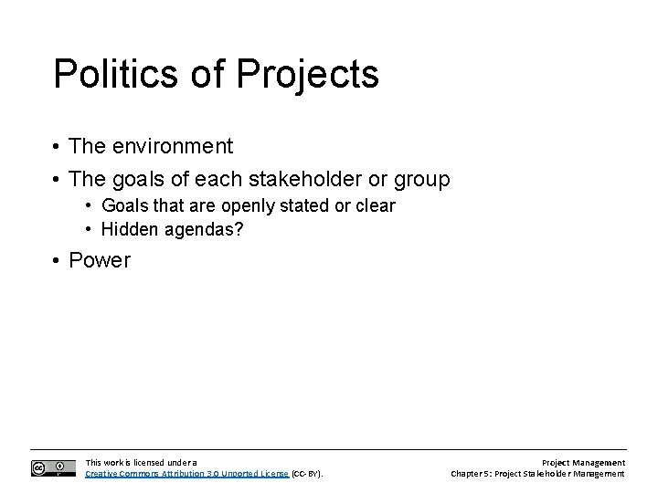 Politics of Projects • The environment • The goals of each stakeholder or group
