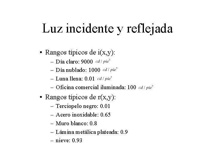 Luz incidente y reflejada • Rangos típicos de i(x, y): – – Día claro: