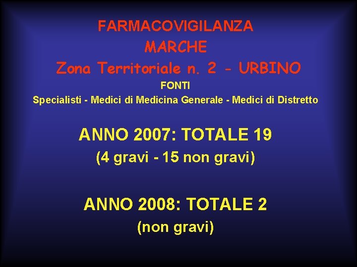 FARMACOVIGILANZA MARCHE Zona Territoriale n. 2 - URBINO FONTI Specialisti - Medici di Medicina