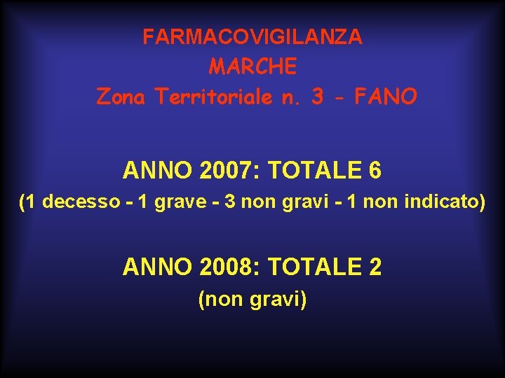FARMACOVIGILANZA MARCHE Zona Territoriale n. 3 - FANO ANNO 2007: TOTALE 6 (1 decesso