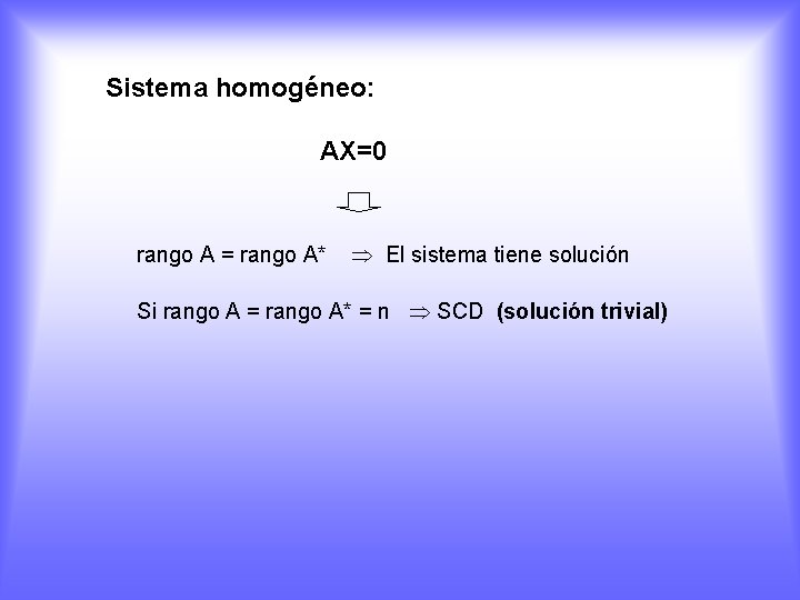 Sistema homogéneo: AX=0 rango A = rango A* El sistema tiene solución Si rango