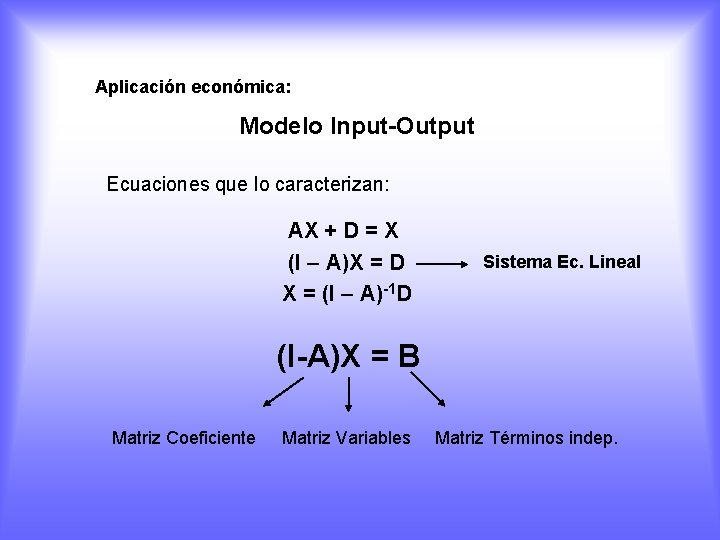 Aplicación económica: Modelo Input-Output Ecuaciones que lo caracterizan: AX + D = X (I