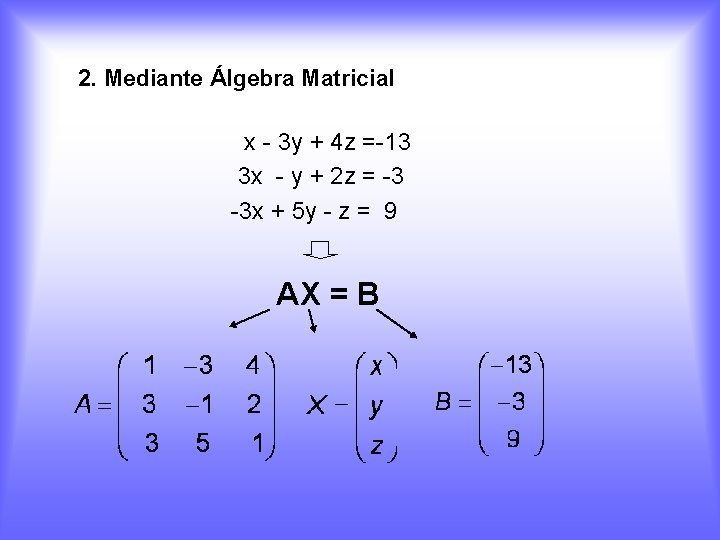 2. Mediante Álgebra Matricial x - 3 y + 4 z =-13 3 x