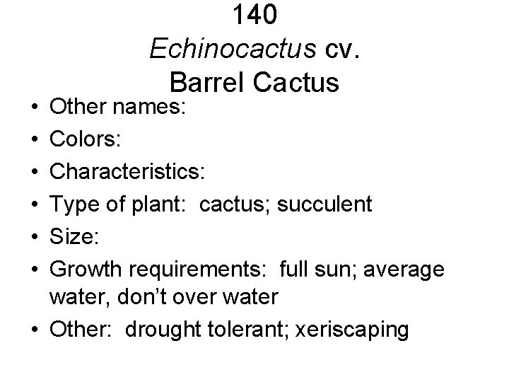 • • • 140 Echinocactus cv. Barrel Cactus Other names: Colors: Characteristics: Type • • • 140 Echinocactus cv. Barrel Cactus Other names: Colors: Characteristics: Type