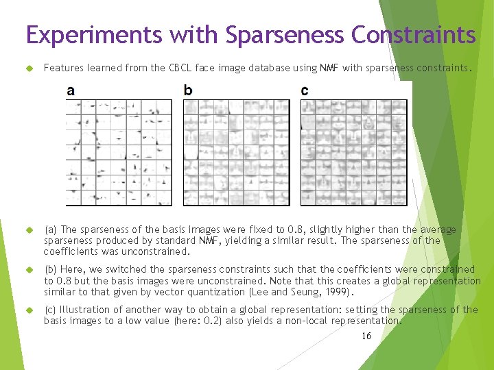 Experiments with Sparseness Constraints Features learned from the CBCL face image database using NMF