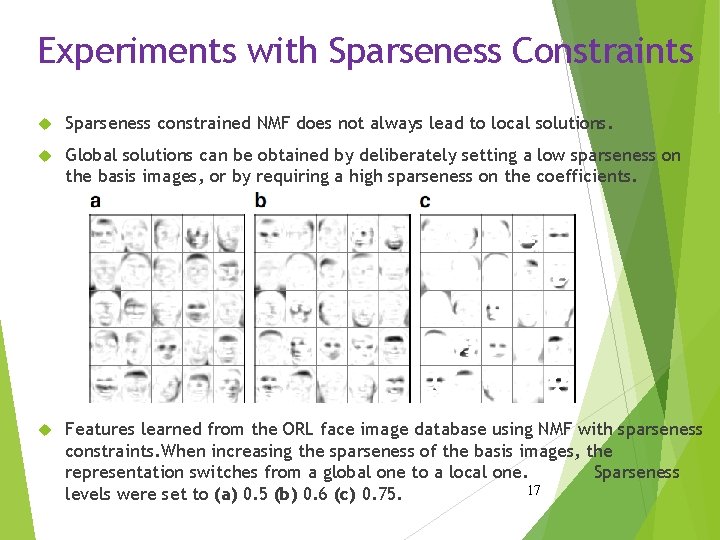 Experiments with Sparseness Constraints Sparseness constrained NMF does not always lead to local solutions. Experiments with Sparseness Constraints Sparseness constrained NMF does not always lead to local solutions.