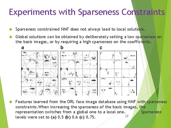 Experiments with Sparseness Constraints Sparseness constrained NMF does not always lead to local solutions.