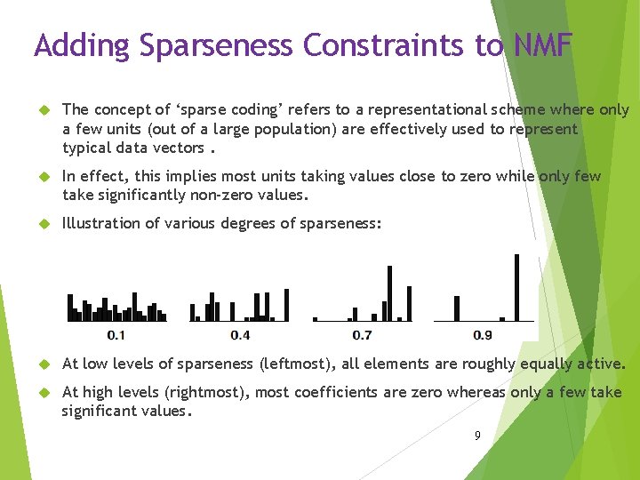 Adding Sparseness Constraints to NMF The concept of ‘sparse coding’ refers to a representational