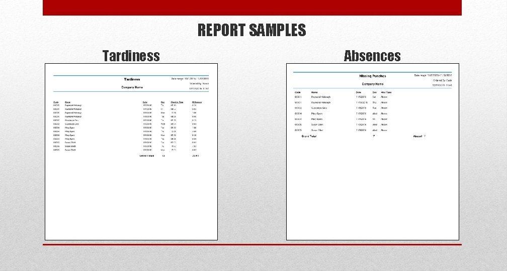 REPORT SAMPLES Tardiness Absences 