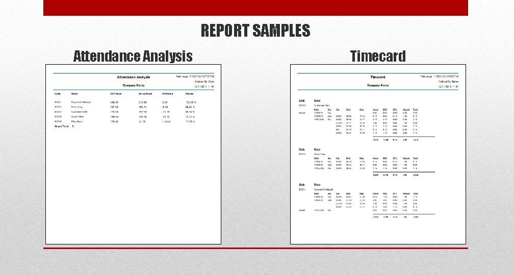 REPORT SAMPLES Attendance Analysis Timecard 