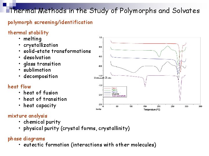Thermal Methods in the Study of Polymorphs and Solvates polymorph screening/identification thermal stability •