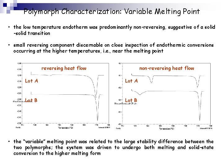 Polymorph Characterization: Variable Melting Point • the low temperature endotherm was predominantly non-reversing, suggestive