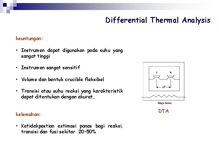 Differential Thermal Analysis keuntungan: • Instrumen dapat digunakan pada suhu yang sangat tinggi •