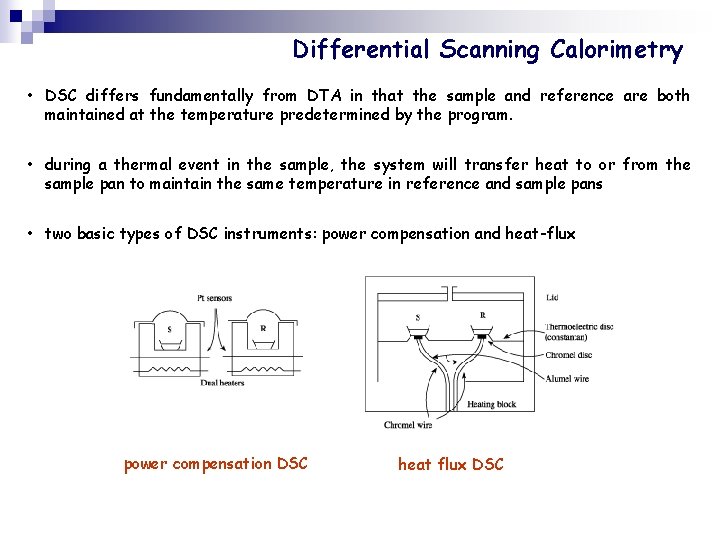 Differential Scanning Calorimetry • DSC differs fundamentally from DTA in that the sample and