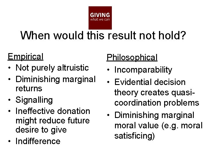 When would this result not hold? Empirical • Not purely altruistic • Diminishing marginal