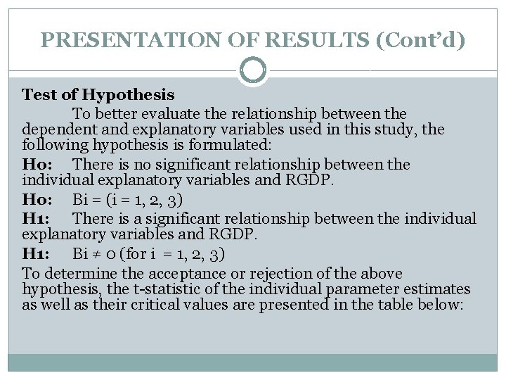 PRESENTATION OF RESULTS (Cont’d) Test of Hypothesis To better evaluate the relationship between the