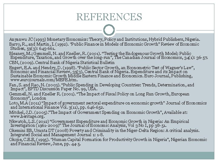 REFERENCES Anyanwu JC (1993) Monetary Economics: Theory, Policy and Institutions, Hybrid Publishers, Nigeria. Barro,