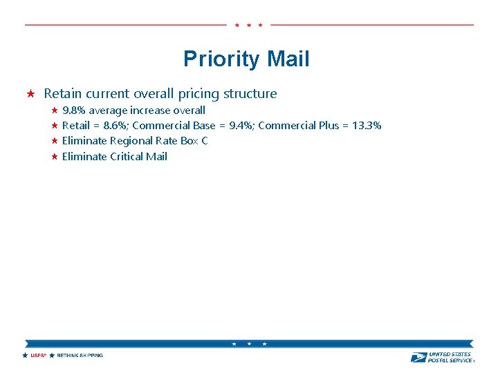Priority Mail Retain current overall pricing structure 9. 8% average increase overall Retail =