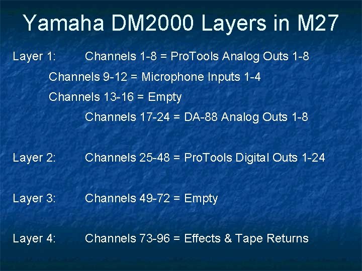 Yamaha DM 2000 Layers in M 27 Layer 1: Channels 1 -8 = Pro. Yamaha DM 2000 Layers in M 27 Layer 1: Channels 1 -8 = Pro.